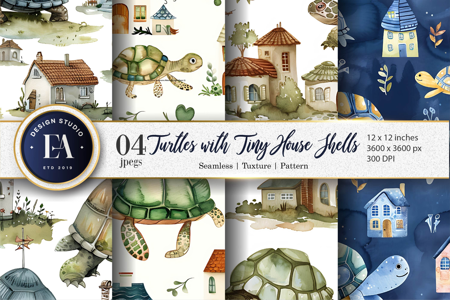 Turtles with Tiny House Shells Watercolor Digital Paper product image 1