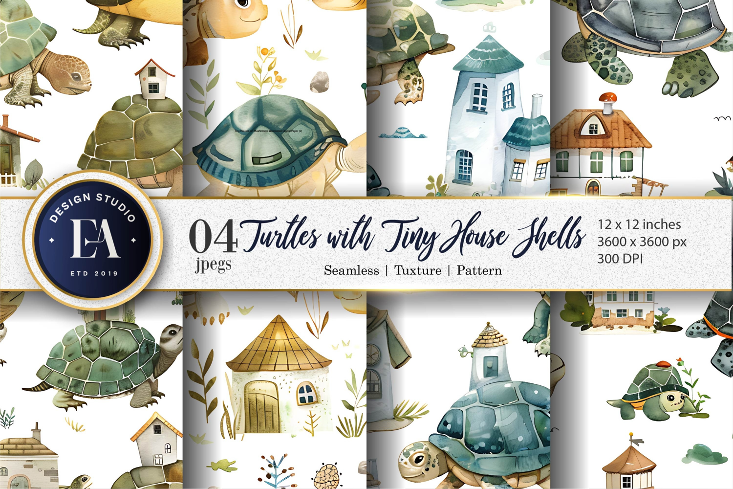 Dreamy Turtle House Artwork Digital Paper | Pattern Art product image 1