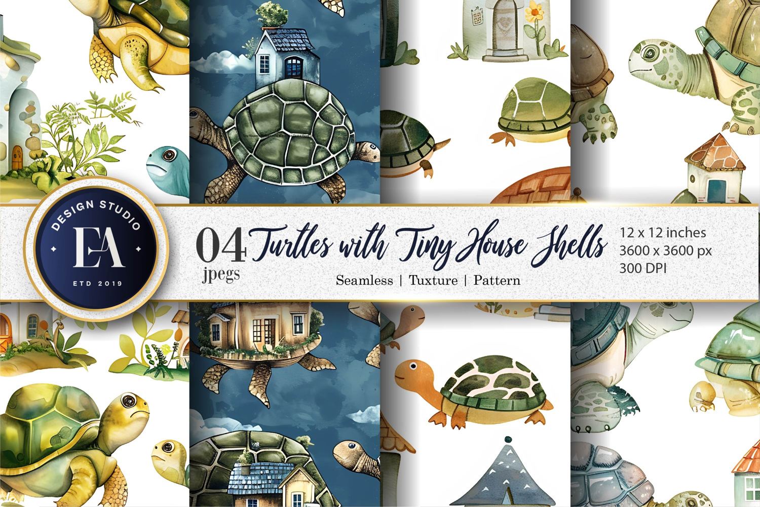 Turtles with Tiny House Shells Watercolor Digital Paper product image 1