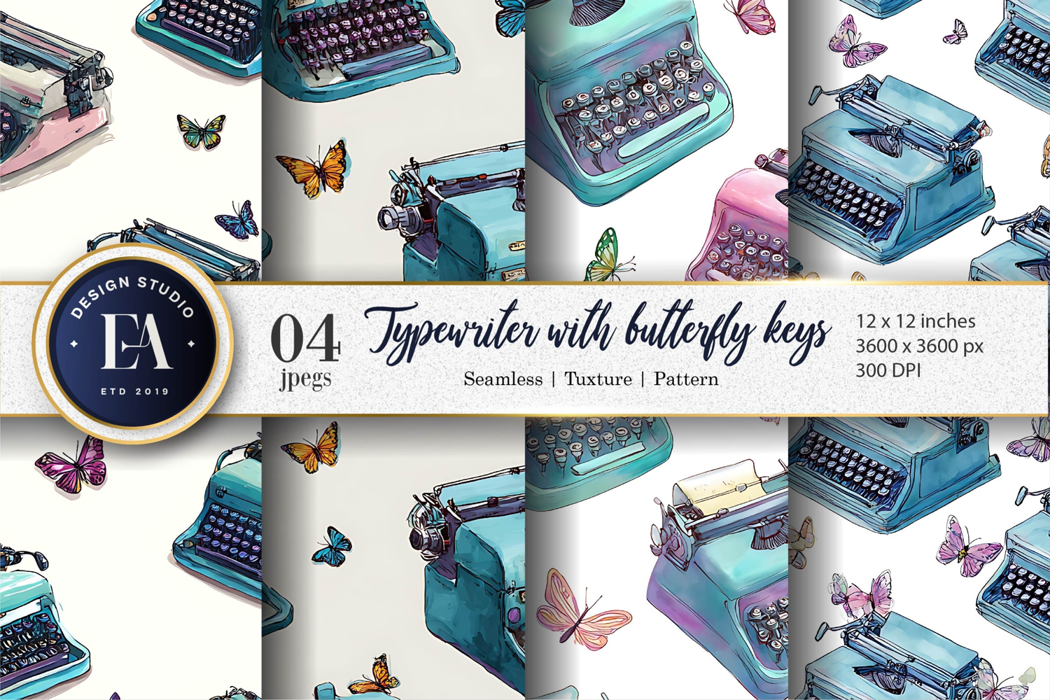 Typewriters with Butterfly Keys Watercolor Digital Paper product image 1