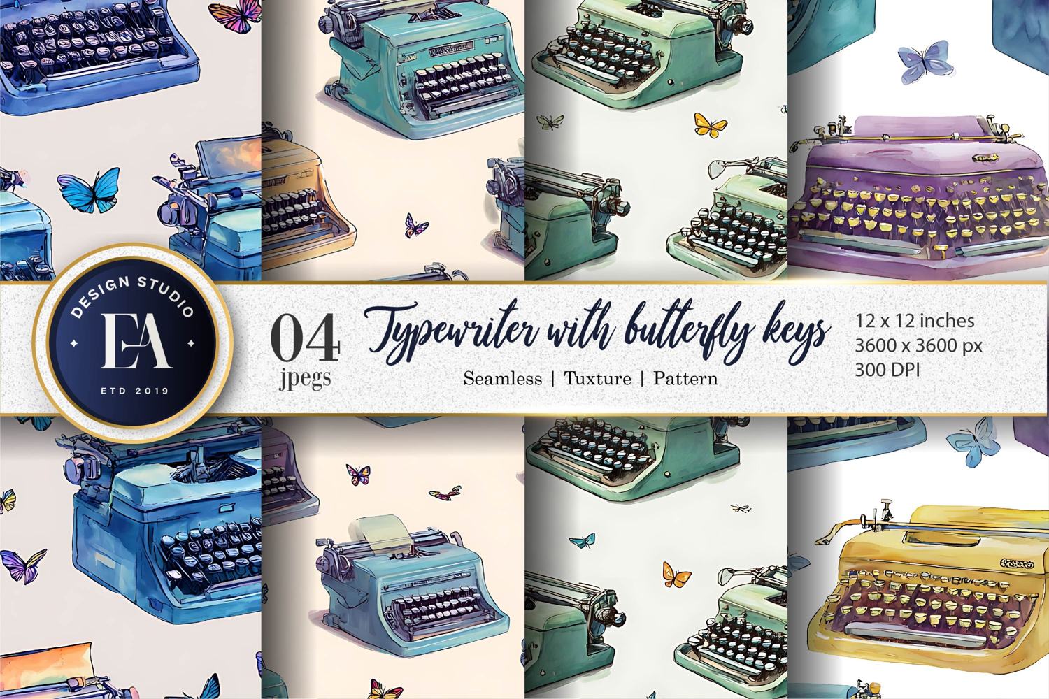 Hand-Painted Typewriters with Butterfly Keys Digital Paper product image 1