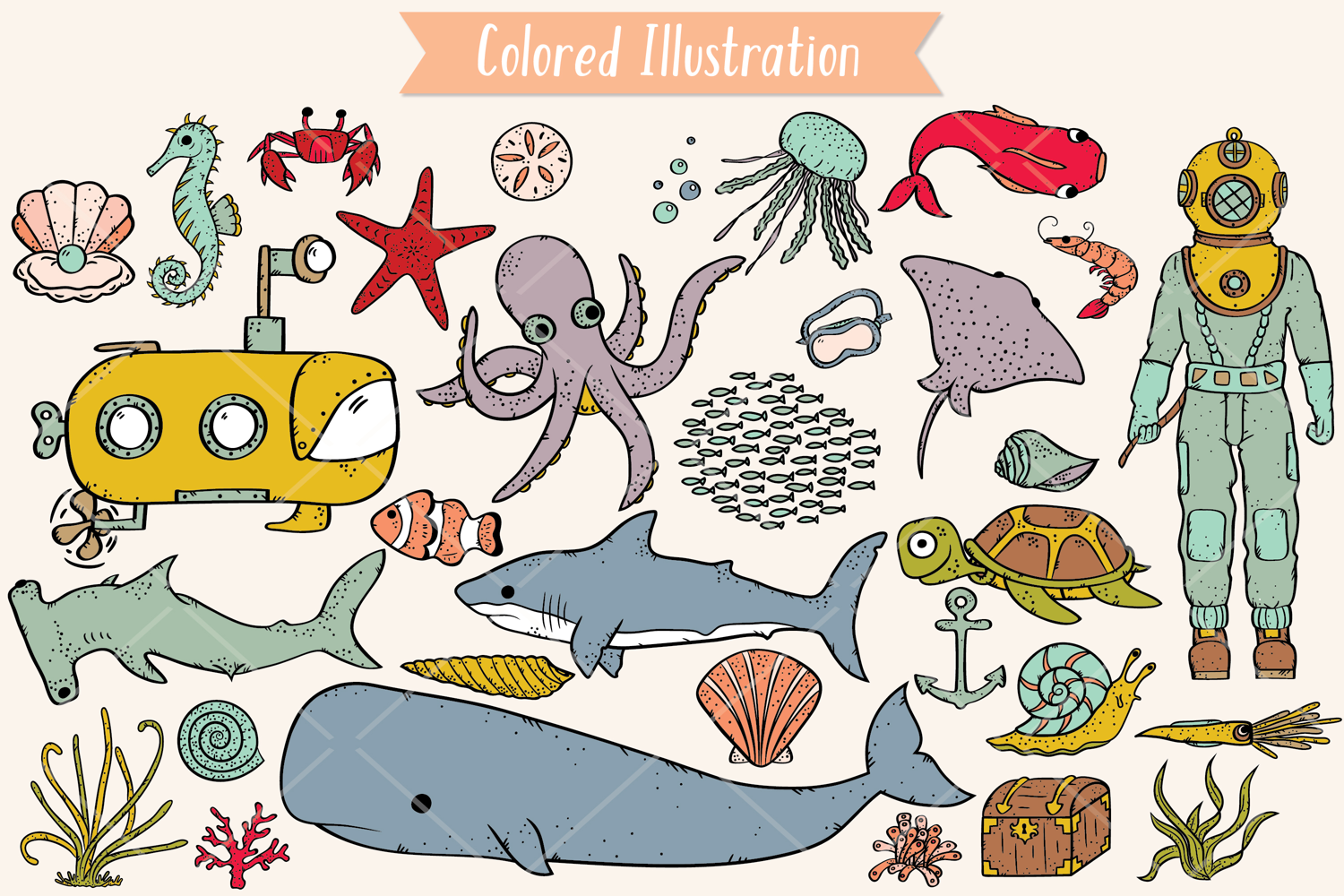 Hand-Drawn Colored Under the Sea Doodles | Ocean Life | Fish product image 1
