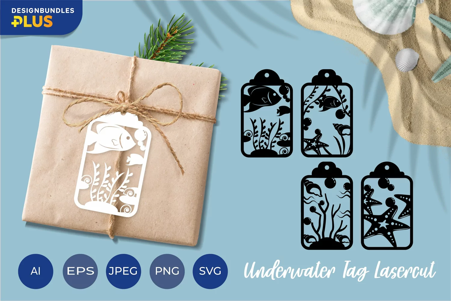 Underwater Scene with Fish and Coral Reefs Gift Tag SVG product image 1