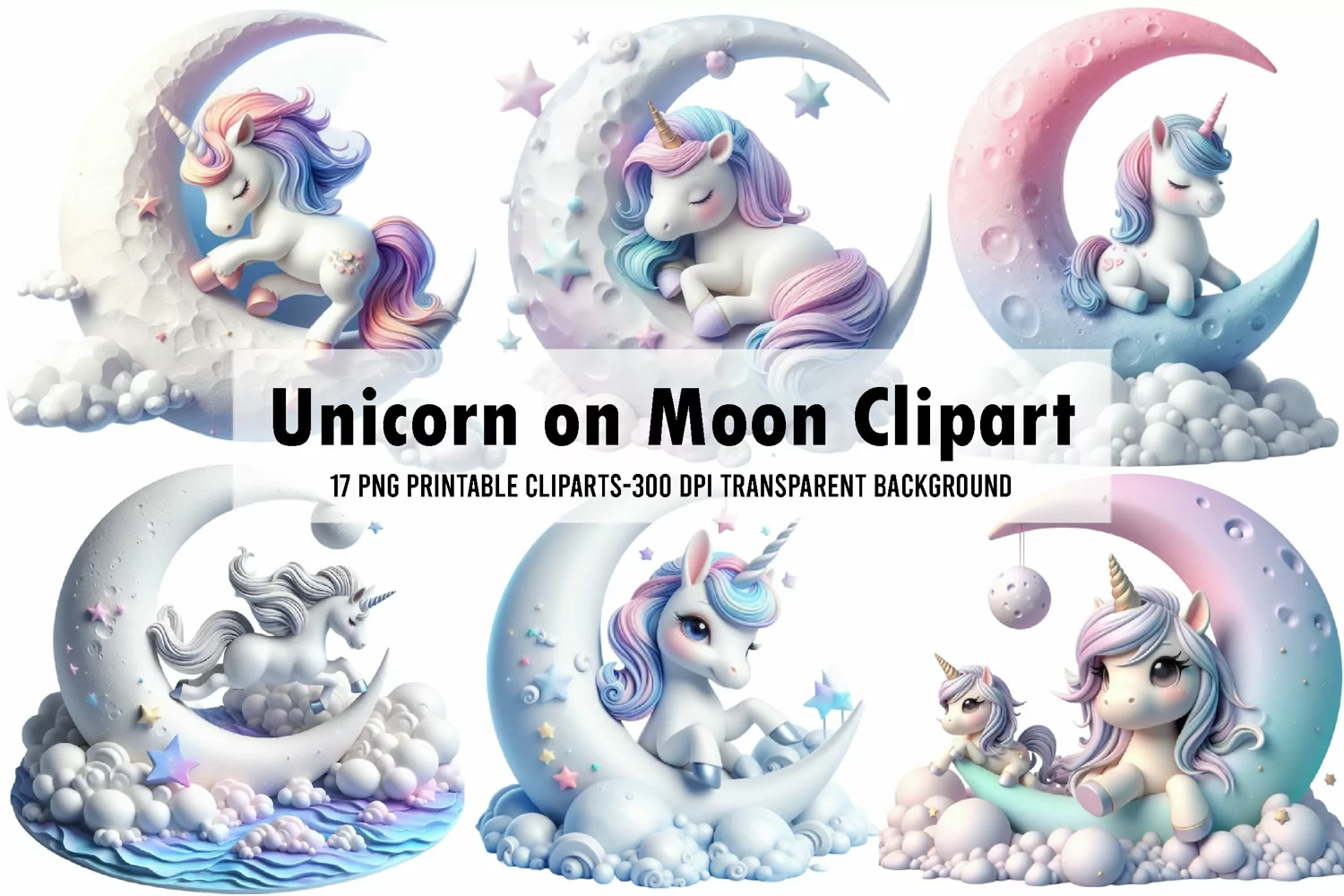 Unicorn on Moon Watercolor Clipart product image 1