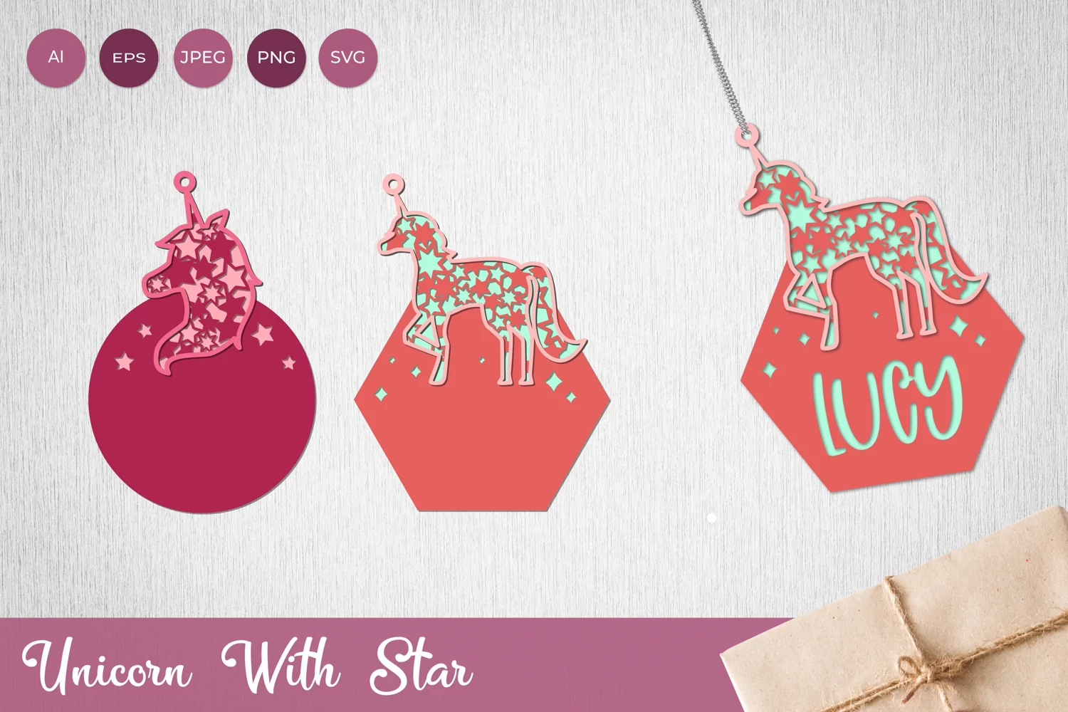 Unicorn with Stars in Round and Hexagon Frame for Decoration product image 1