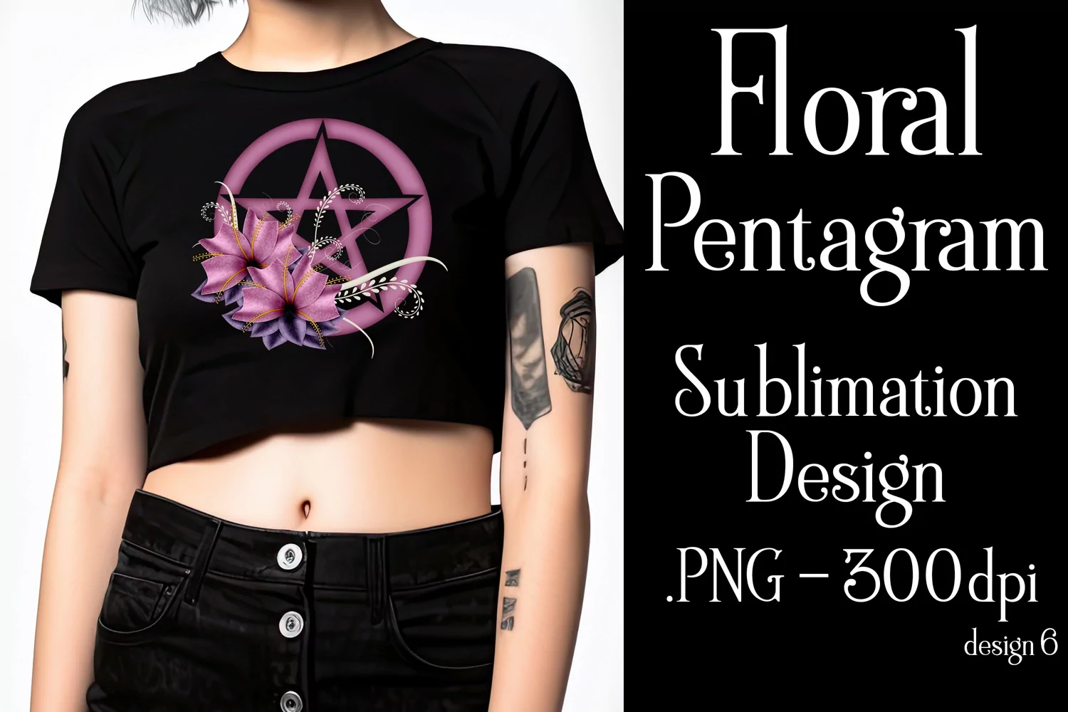 Pentagram Sublimation Design, Floral Dark Pink Pentagram PNG product image 1