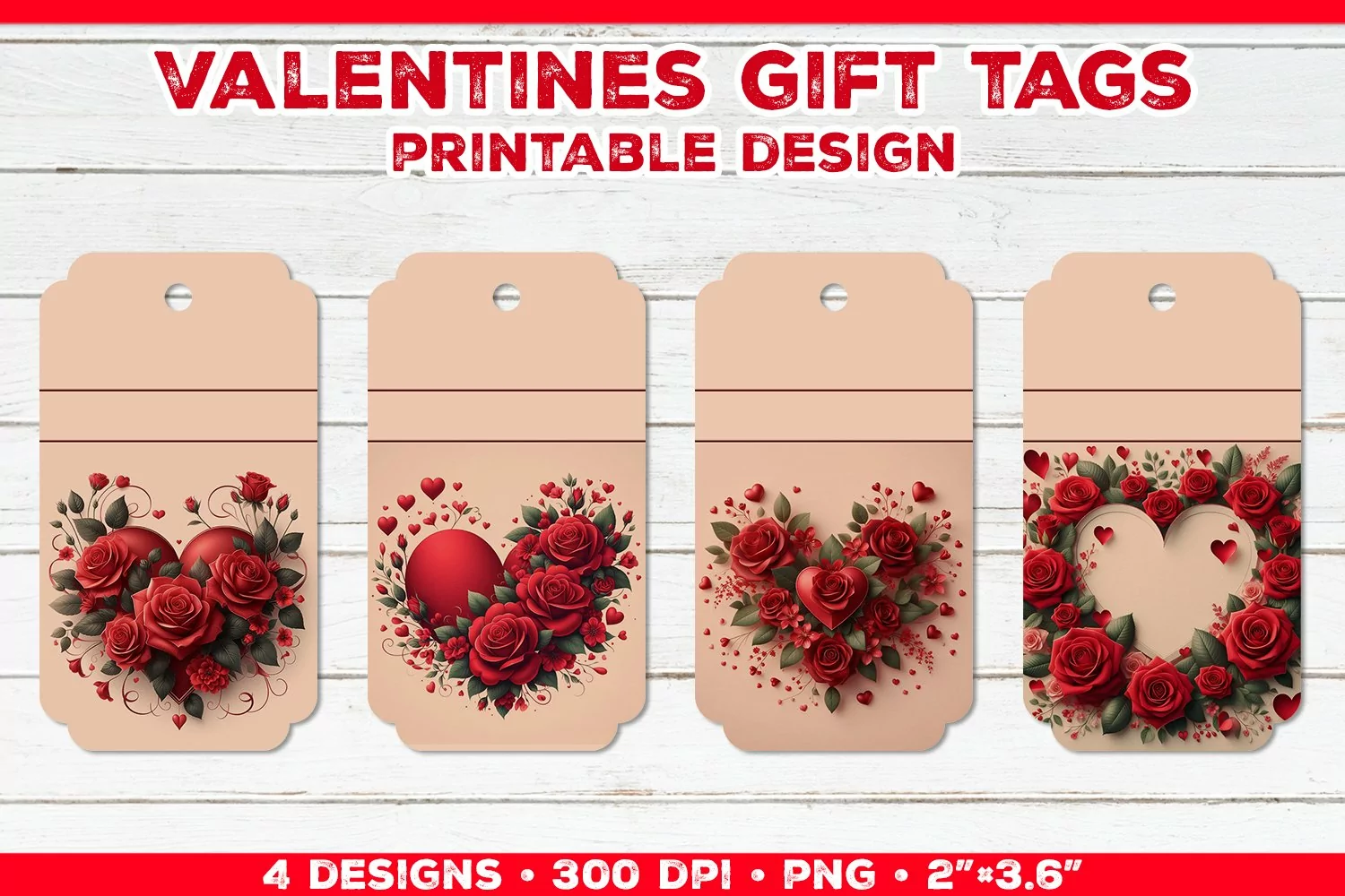 Valentine's Gift Tags Printable Design with Red Rose Bouquet product image 1