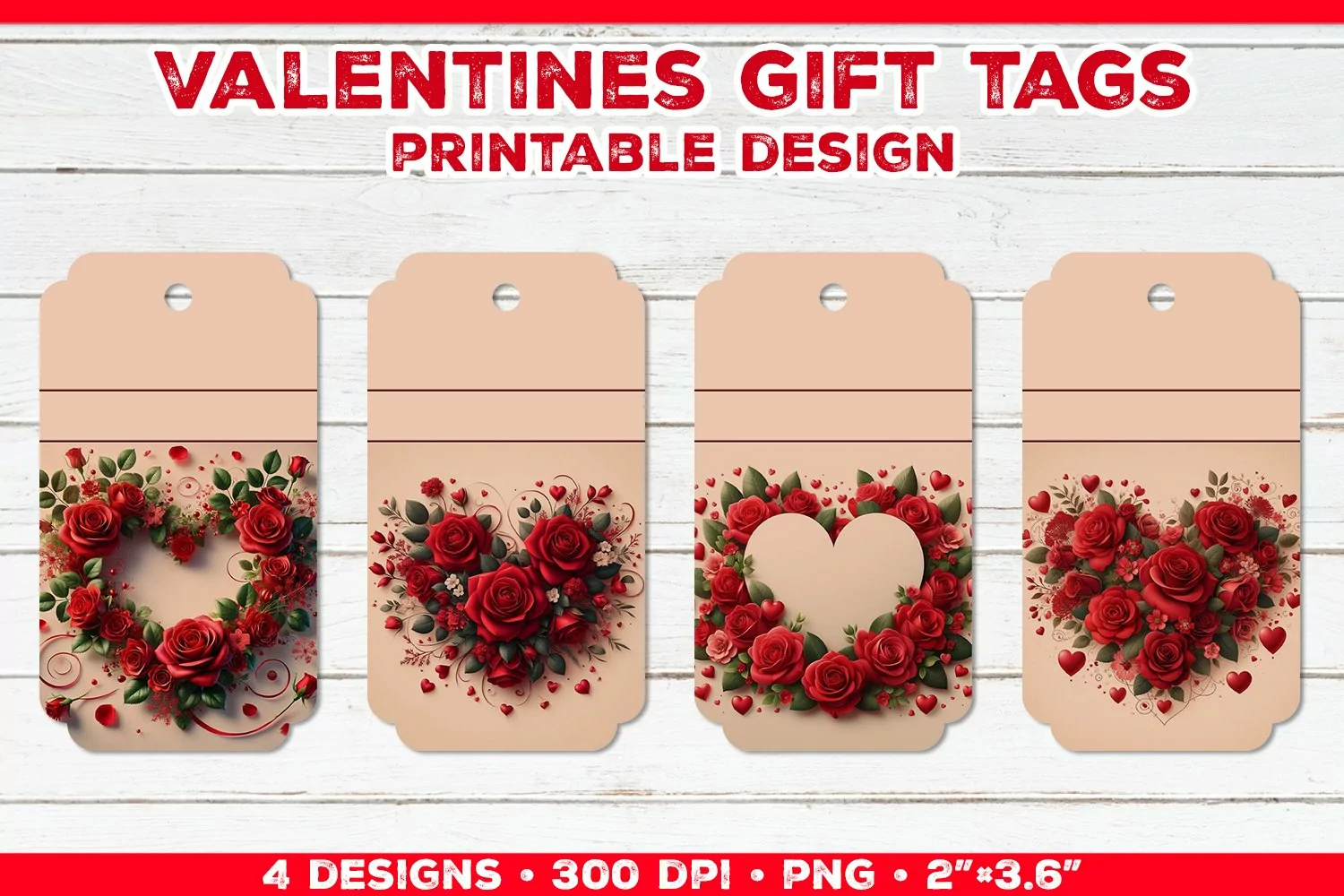 Valentine's Gift Tags Printable Design with Red Rose Bouquet product image 1