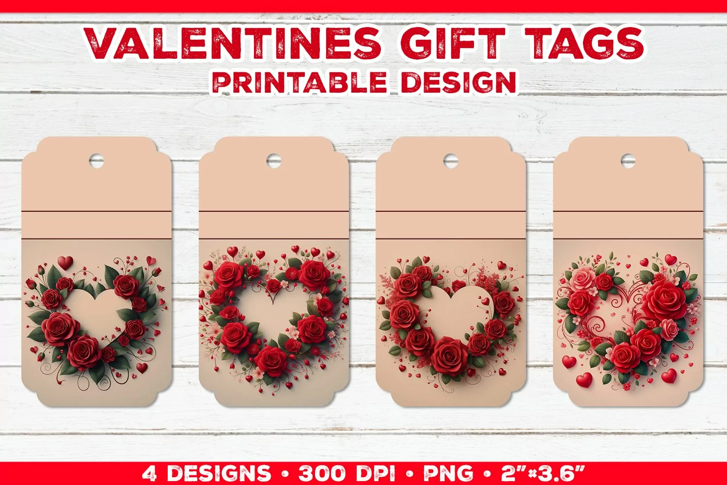 Valentine's Gift Tags Printable Design with Red Rose Bouquet product image 1