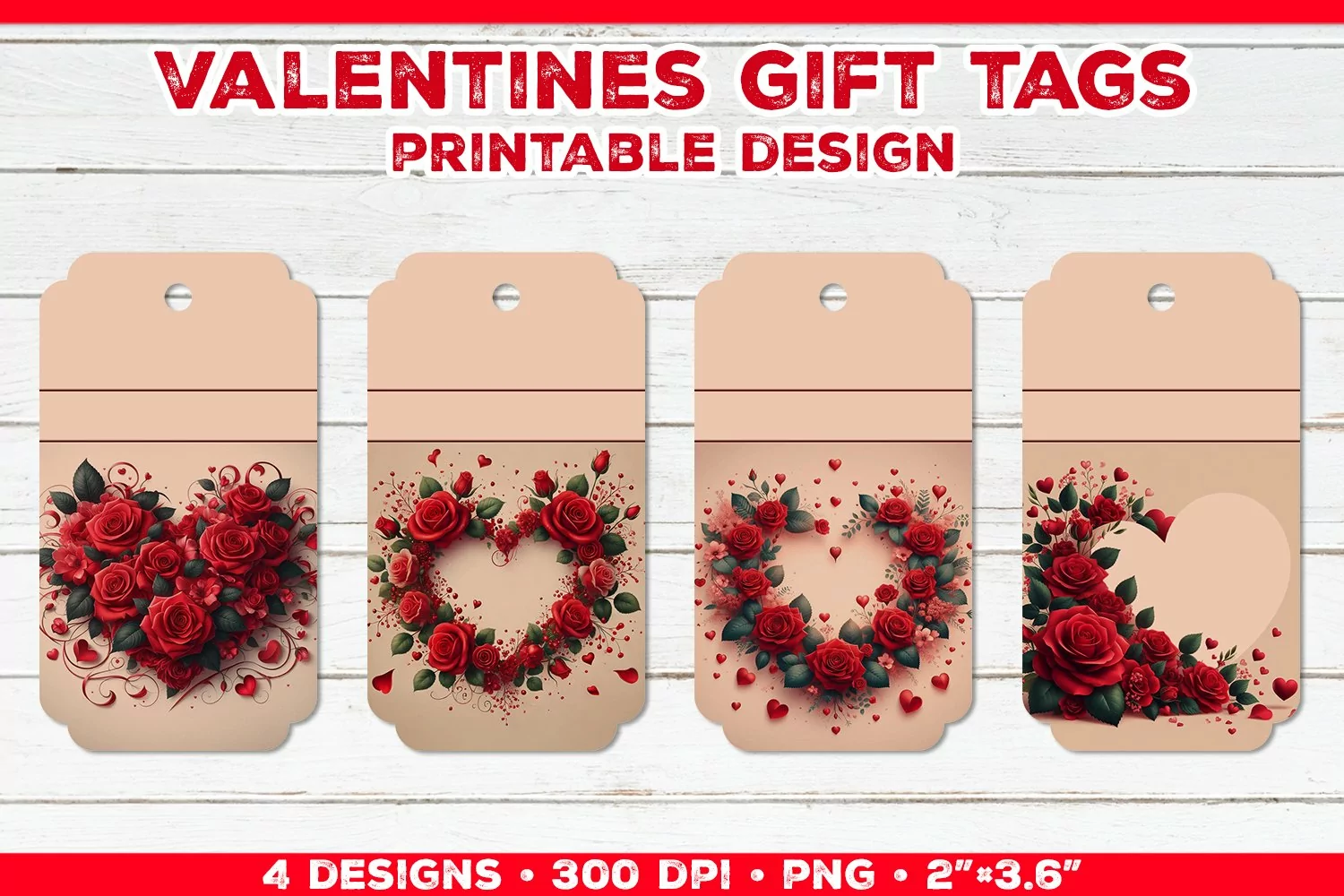 Valentine's Gift Tags Printable Design with Red Rose Bouquet product image 1