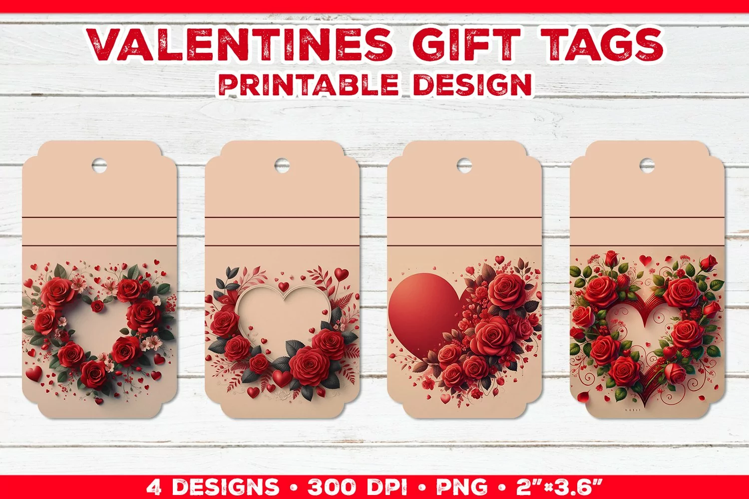 Valentine's Gift Tags Printable Design with Red Rose Bouquet product image 1
