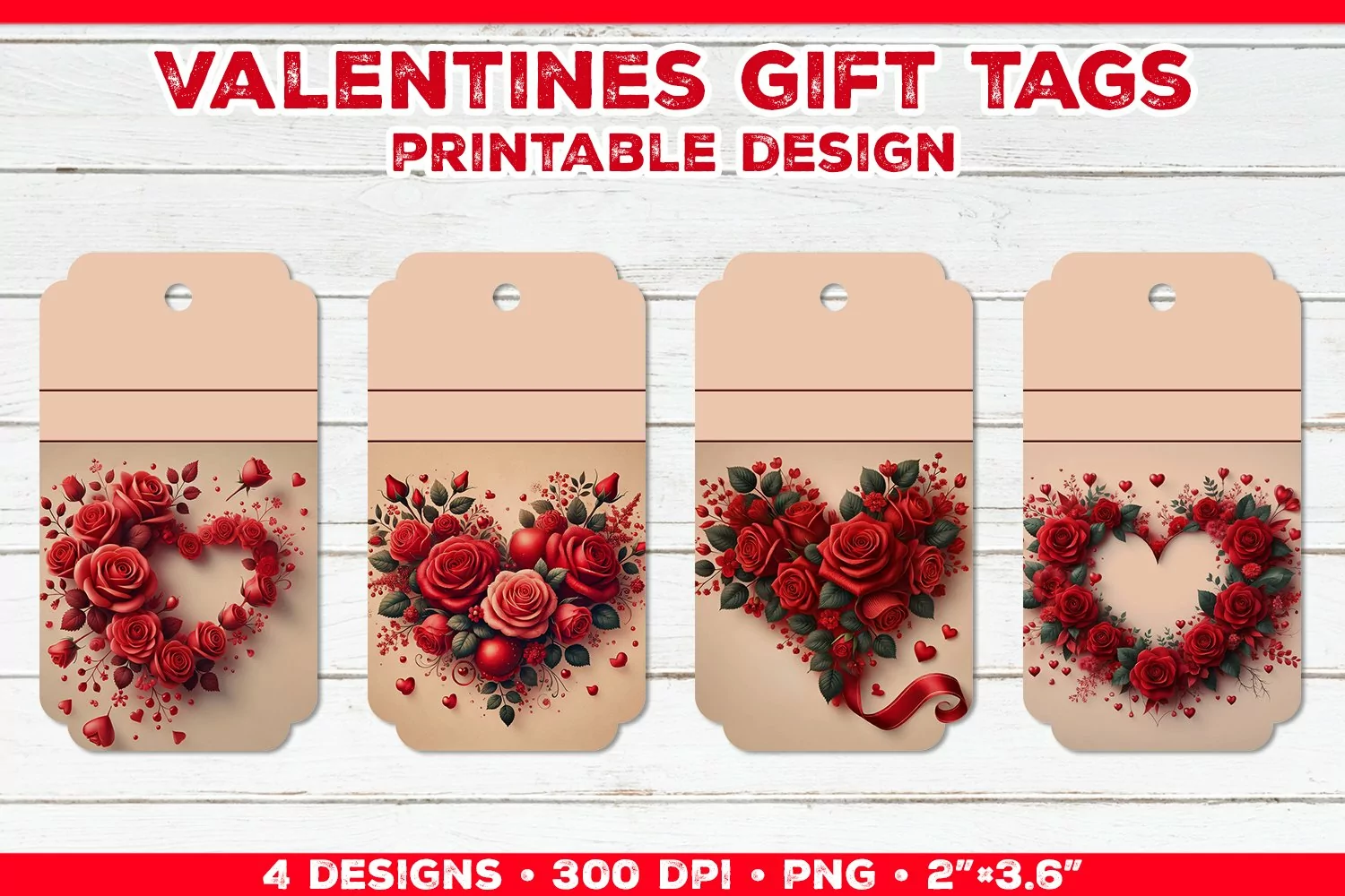 Valentine's Gift Tags Printable Design with Red Rose Bouquet product image 1