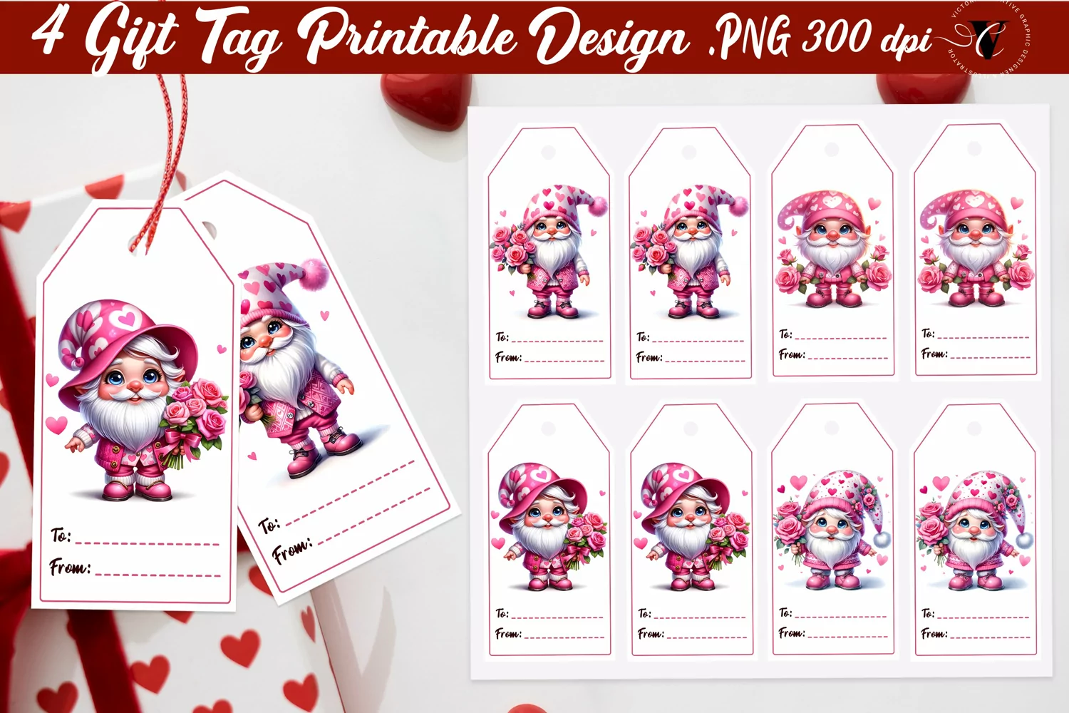 Valentines Tags | Valentines Gnome with roses product image 1