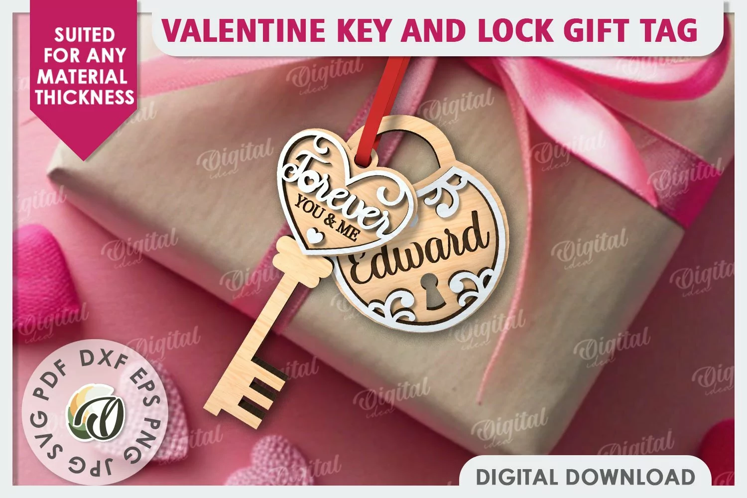 Valentine Tag Lock and Key Laser Cut. Valentine Keychain SVG product image 1