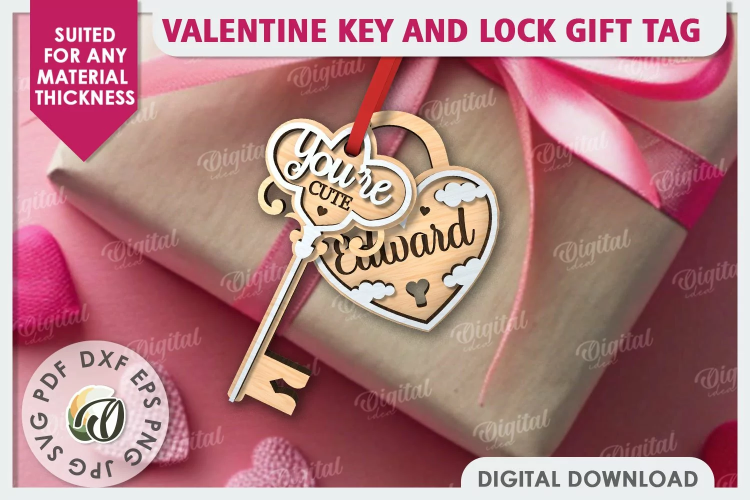 Valentine Tag Lock and Key Laser Cut. Valentine Keychain SVG product image 1