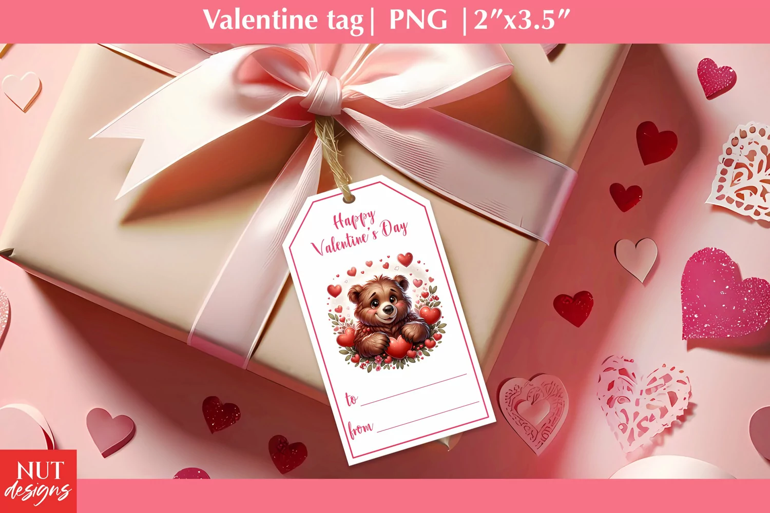 Valentine tags. Loving bear with hearts. Printable Gift tags product image 1