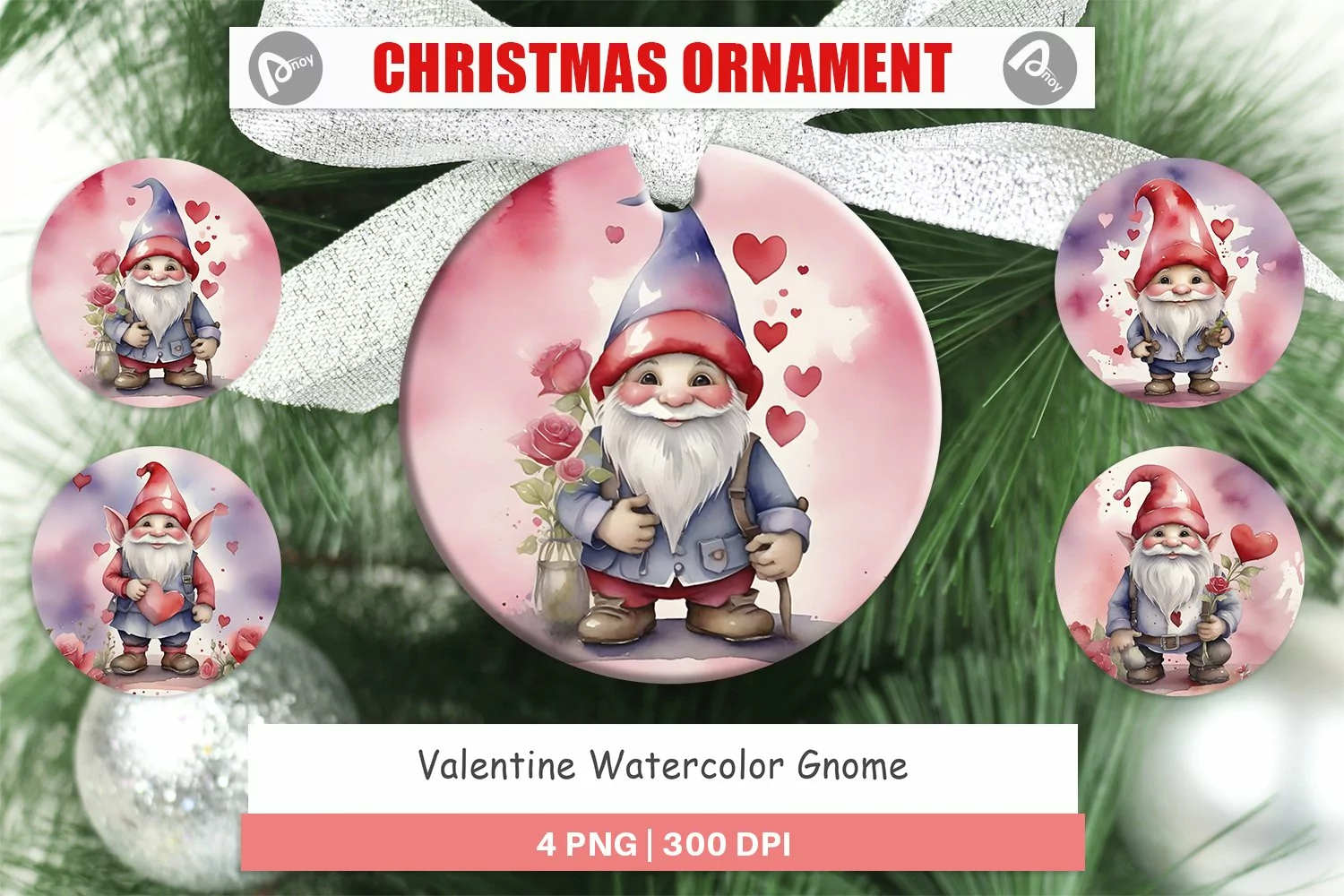 Christmas Ornaments Valentine Watercolor Gnome product image 1