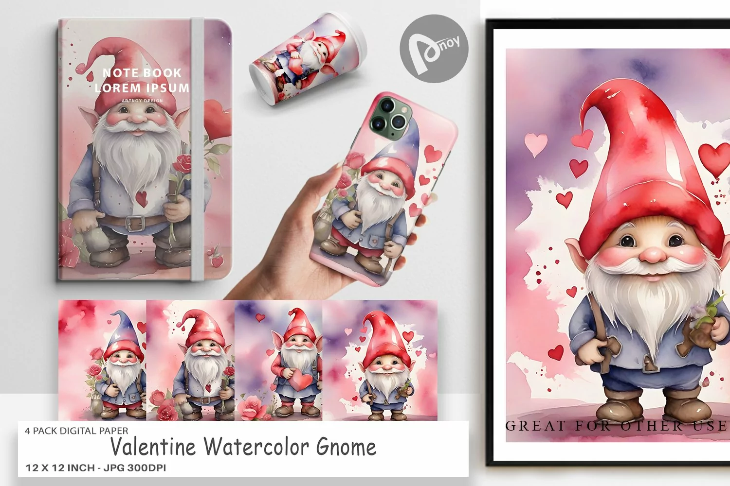 Digital Paper Valentine Watercolor Gnome product image 1