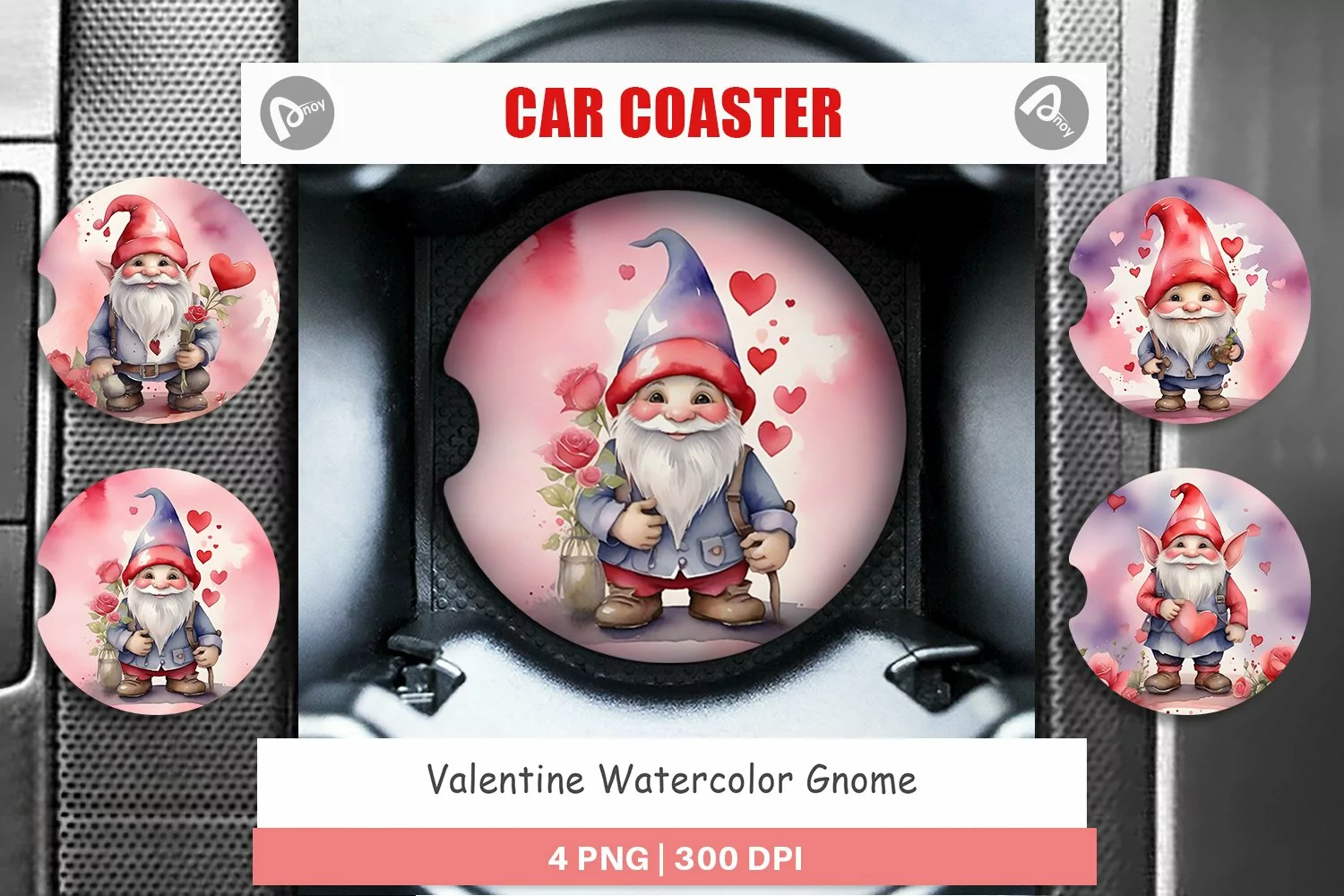 Car Coaster Valentine Watercolor Gnome product image 1