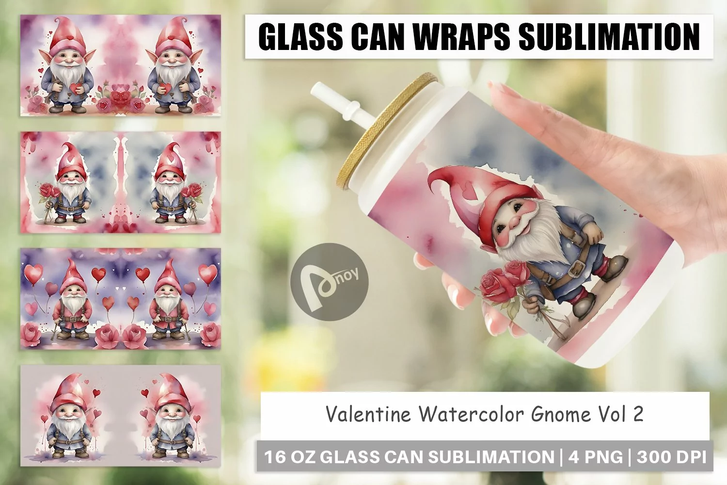 Glass Can Wraps Valentine Watercolor Gnome product image 1