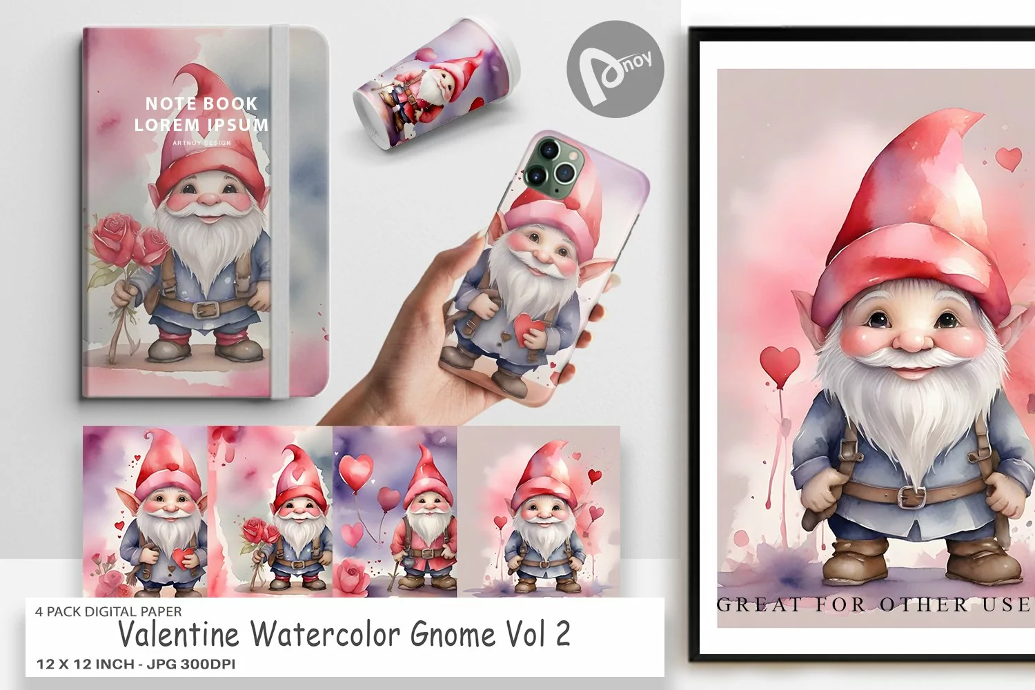 Digital Paper Valentine Watercolor Gnome product image 1