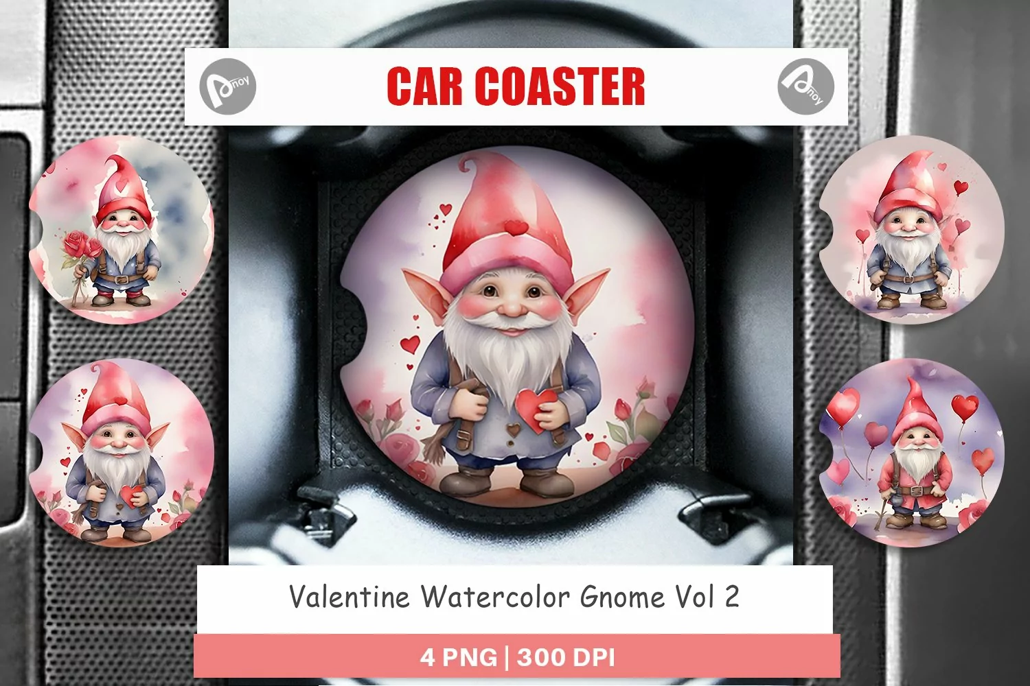 Car Coaster Valentine Watercolor Gnome product image 1