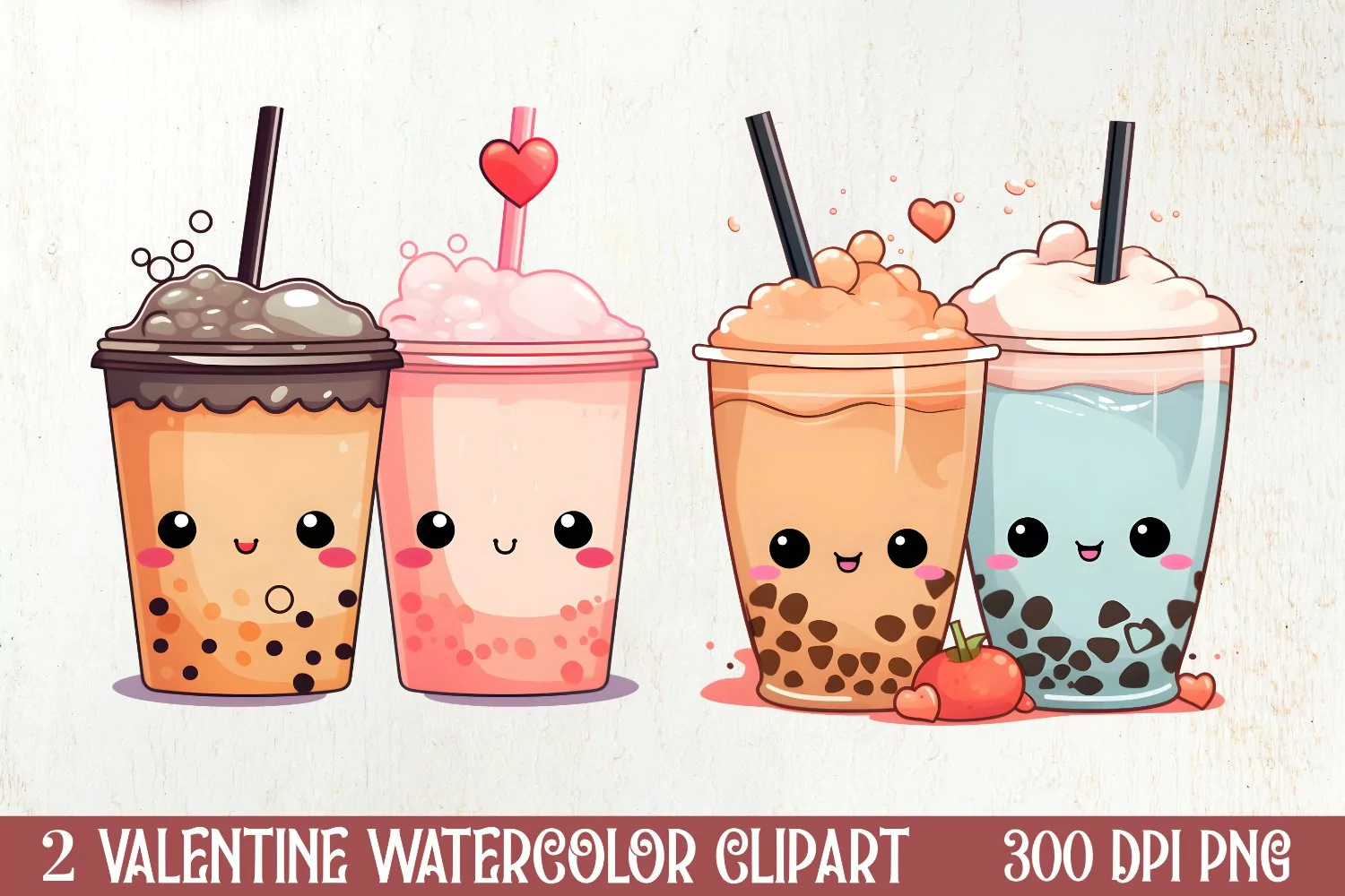 Cute Bubble Tea Valentine Clipart, Valentines Clipart product image 1