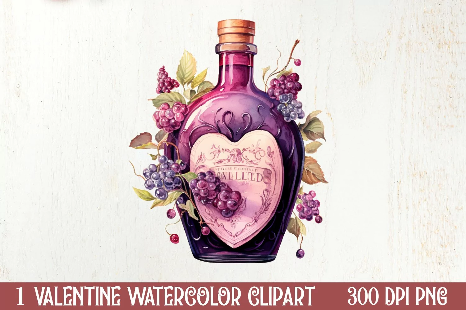 Bottle Wine Valentine Watercolor Clipart, Christmas Clipart product image 1