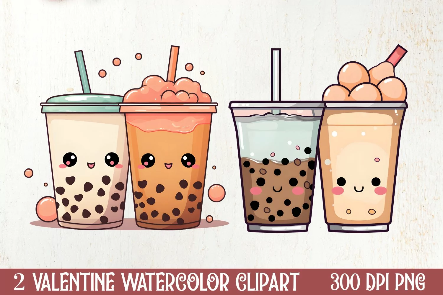 Cute Bubble Tea Valentine Clipart, Valentines Clipart product image 1