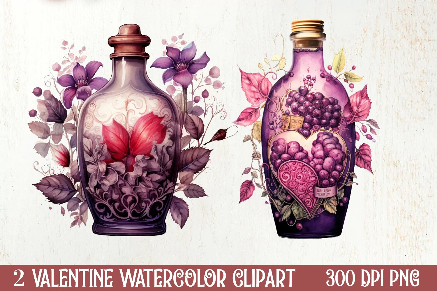 Bottle Wine Valentine Watercolor Clipart, Christmas Clipart product image 1