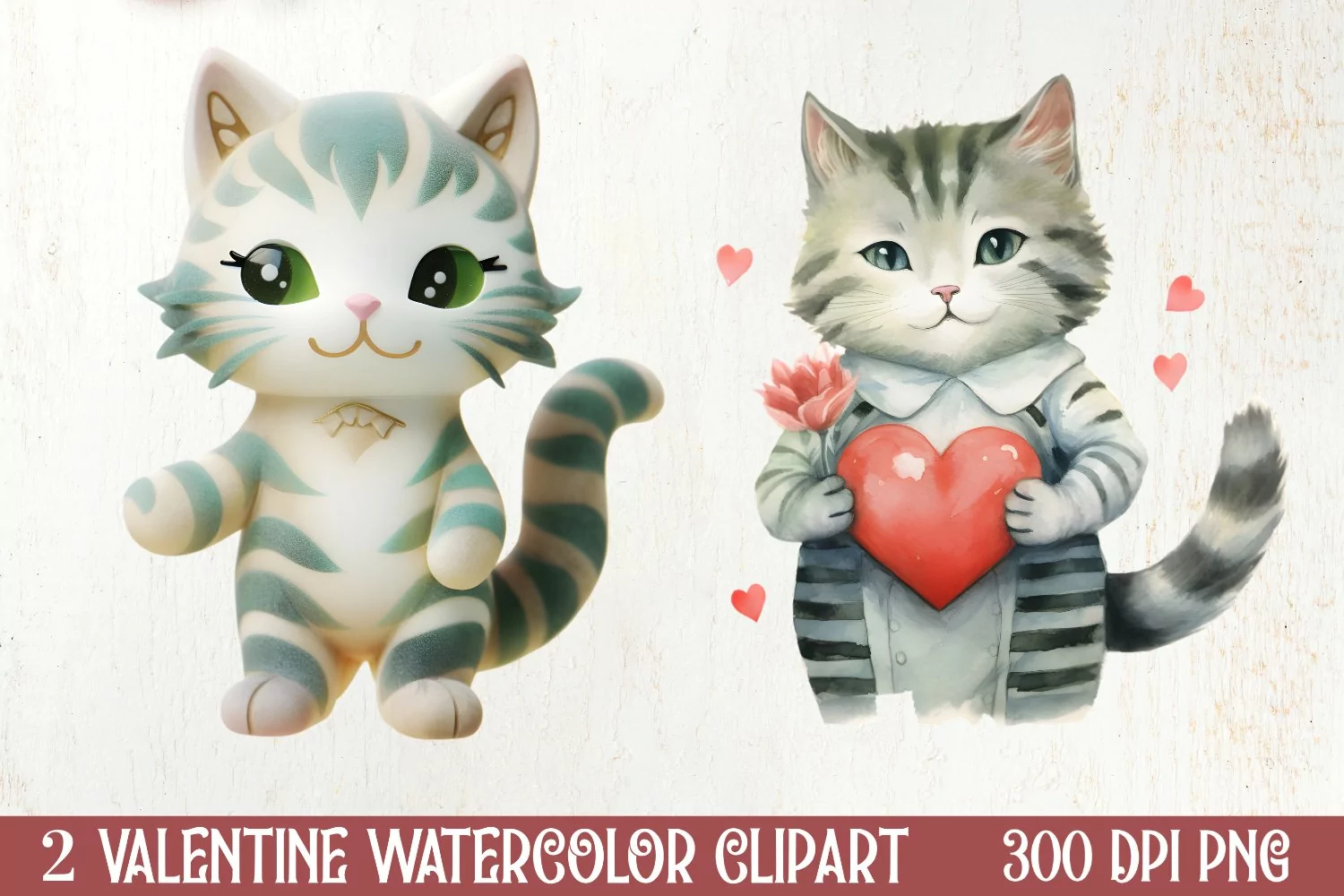 Watercolor Cat Heart Valentine Clipart, Valentines PNG product image 1