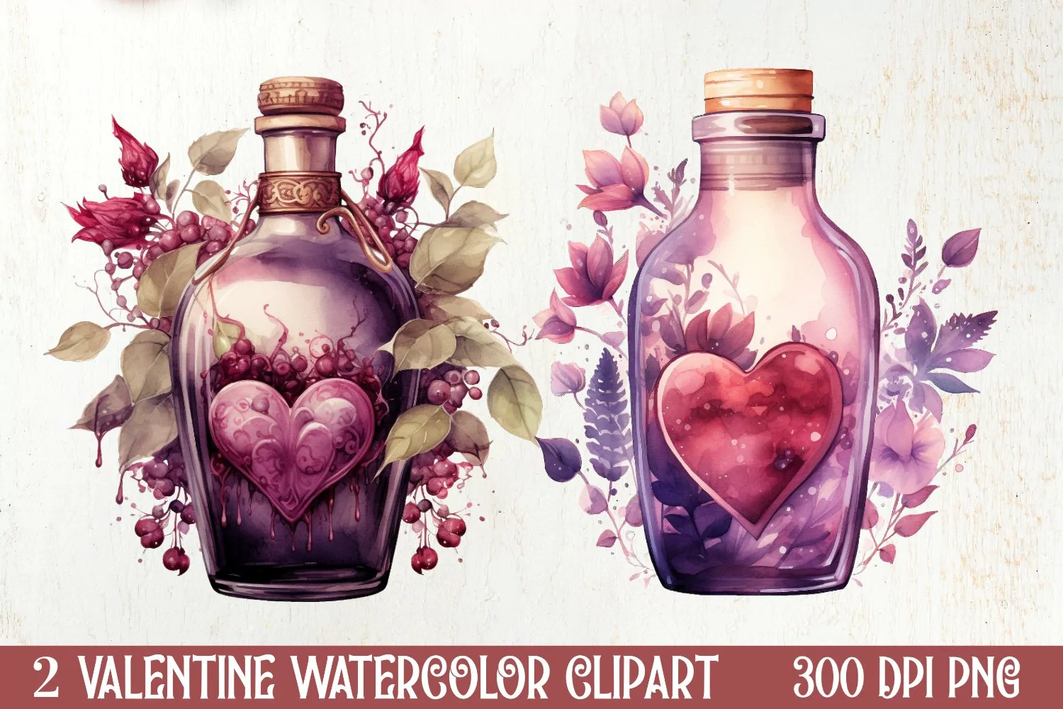 Bottle Wine Valentine Watercolor Clipart, Christmas Clipart product image 1