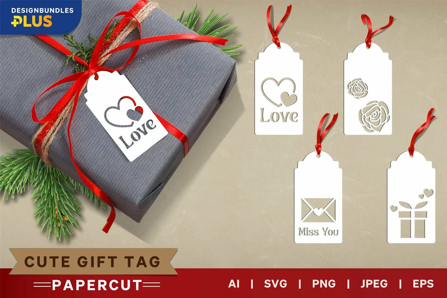 Love Letter, Roses, and Present Box Gift Tag Papercut Set product image 1