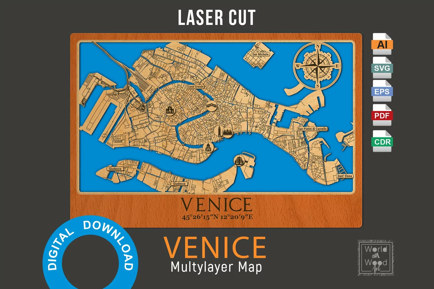 Venice, Italy Map Svg, Street Laser Map product image 1