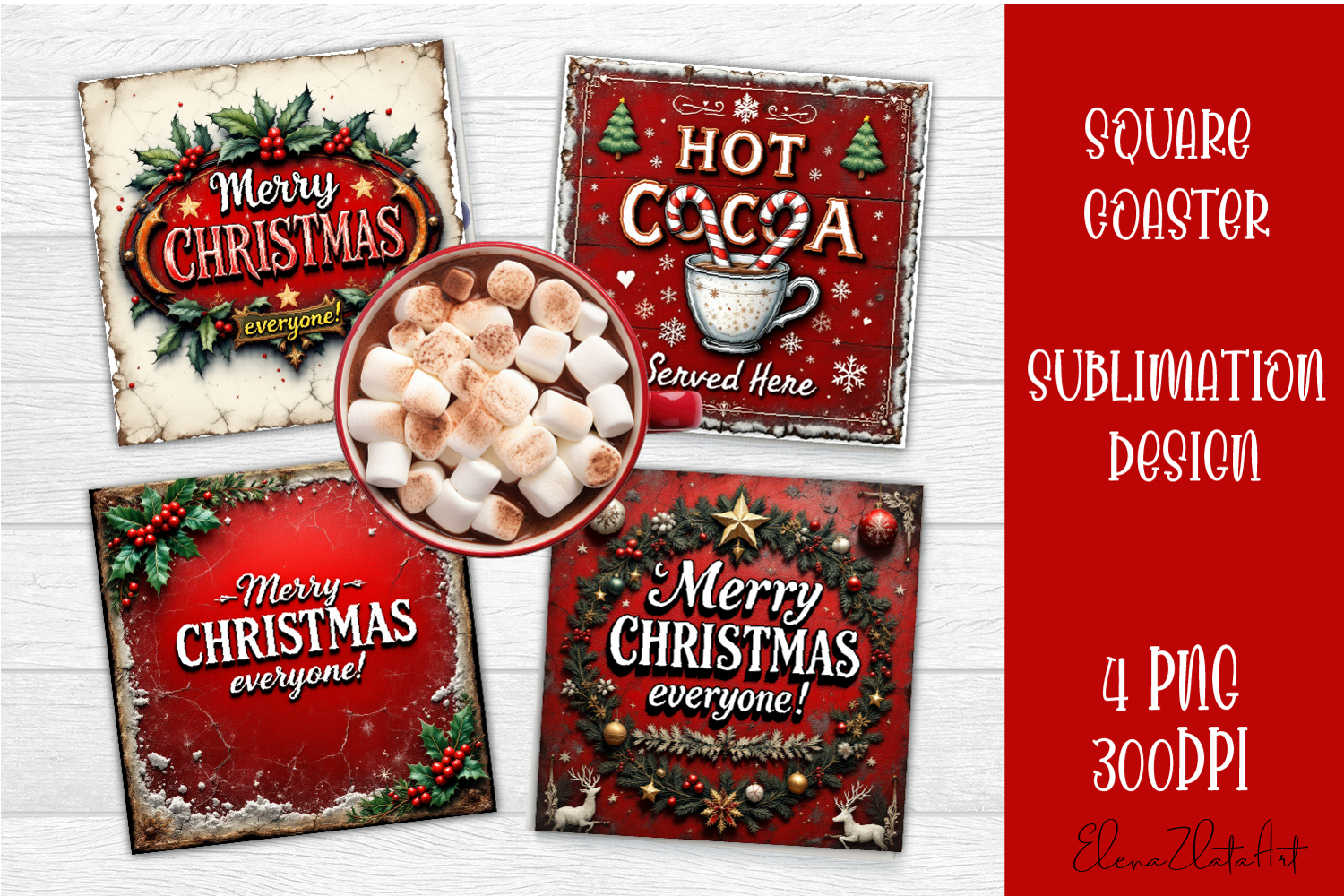 Vintage Christmas Sublimation, retro square Coaster Design product image 1