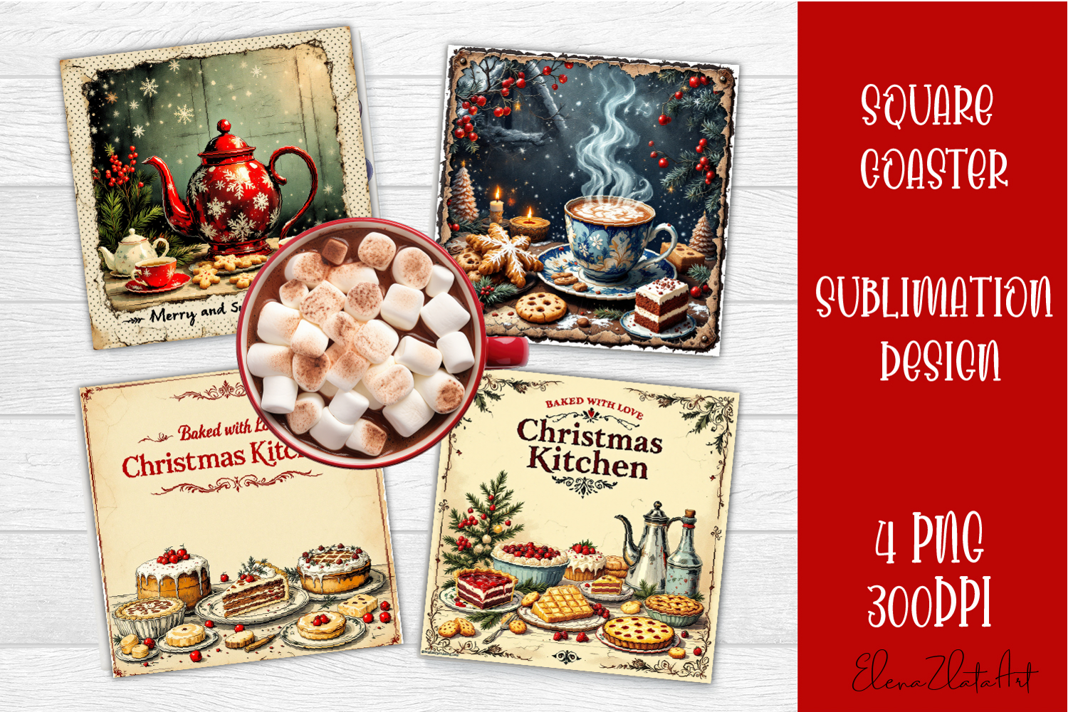 Vintage Christmas Sublimation, retro square Coaster Design product image 1