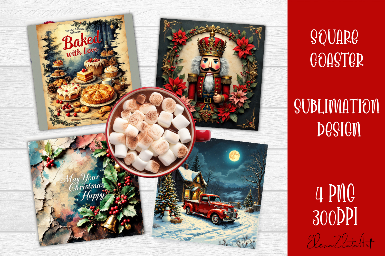 Vintage Christmas Sublimation, retro square Coaster Design product image 1