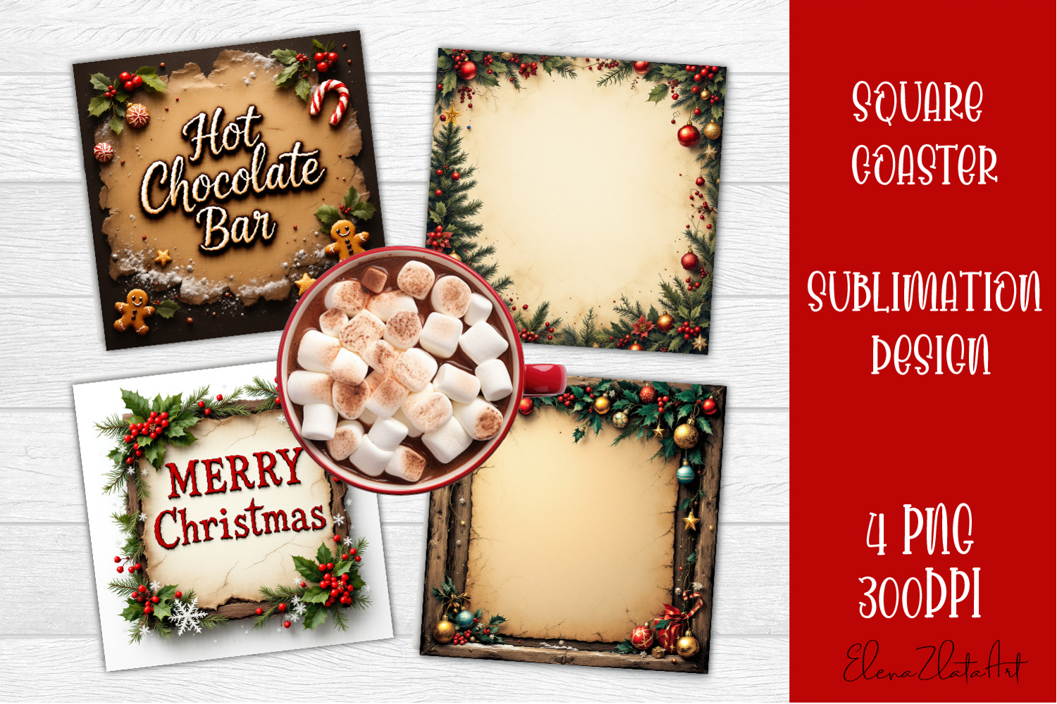 Vintage Christmas Sublimation, retro square Coaster Design product image 1