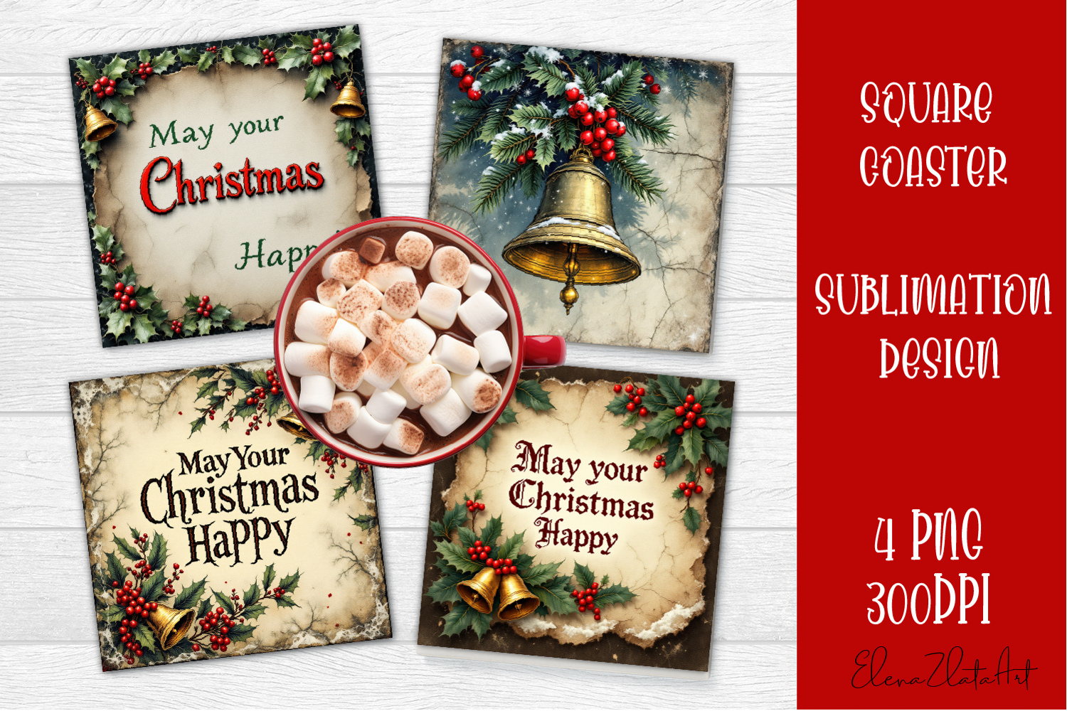 Vintage Christmas Sublimation, retro square Coaster Design product image 1