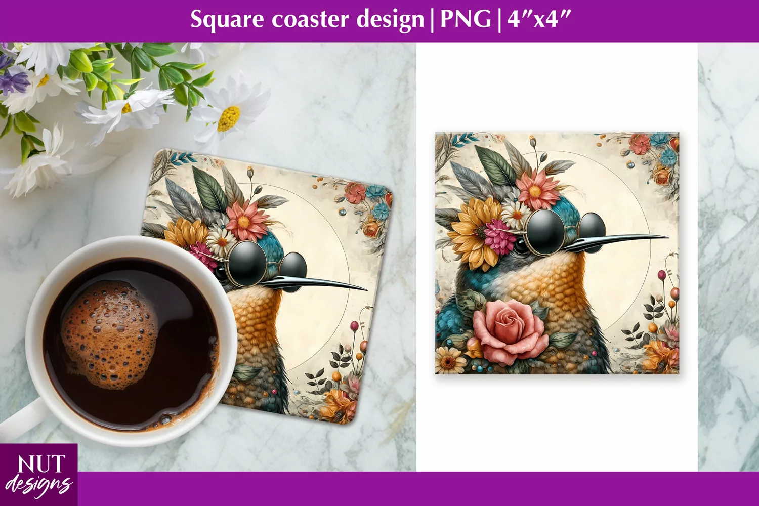Vintage Hummingbird coaster Square coaster sublimation product image 1