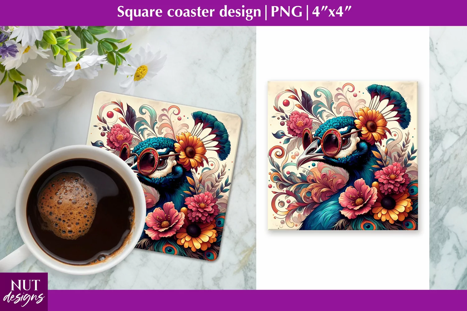 Vintage Peacock coaster Floral Square coaster sublimation product image 1