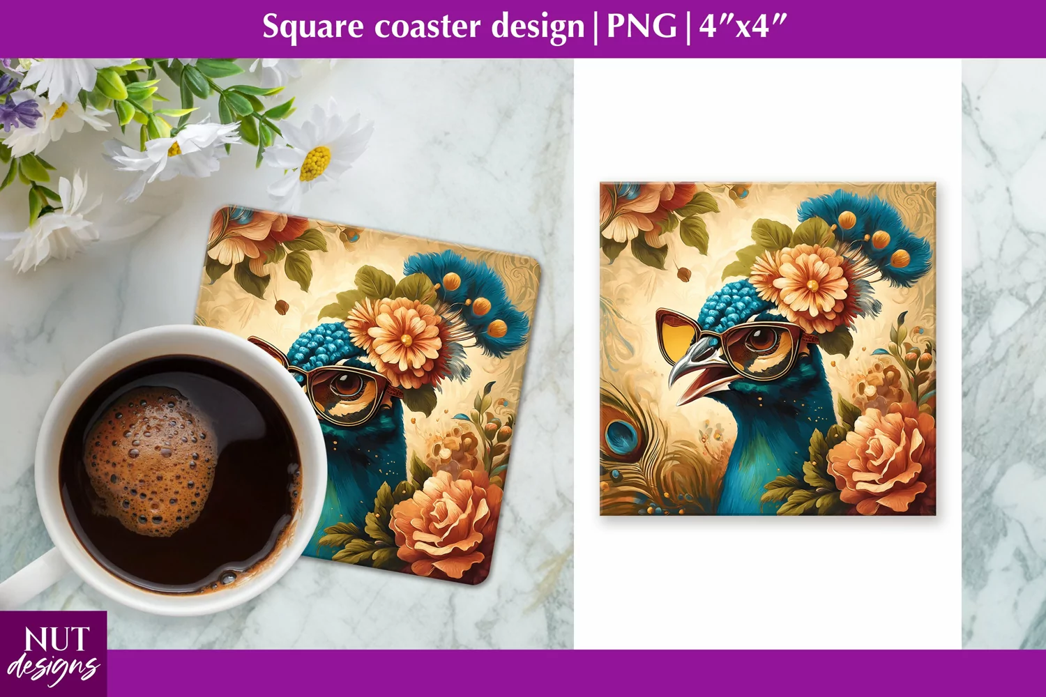 Vintage Peacock coaster Floral Square coaster sublimation product image 1