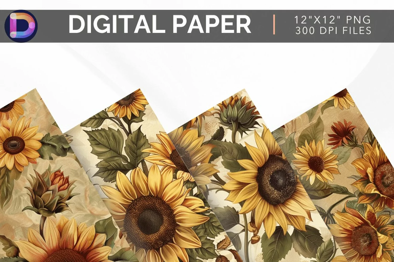 Vintage Autumn Sunflowers Digital Paper product image 1