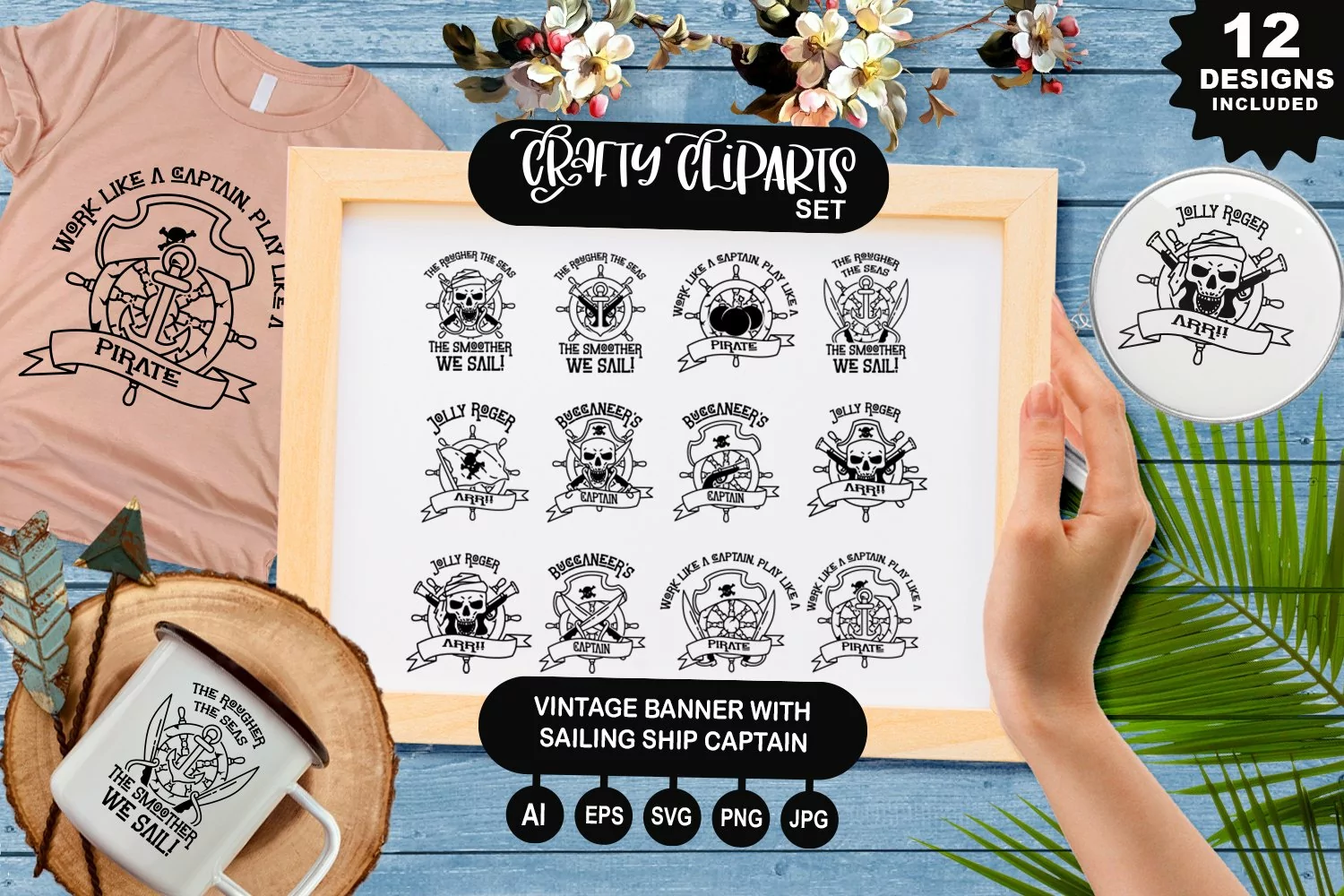 Vintage Banner With Sailing Ship Captain Clipart Set product image 1