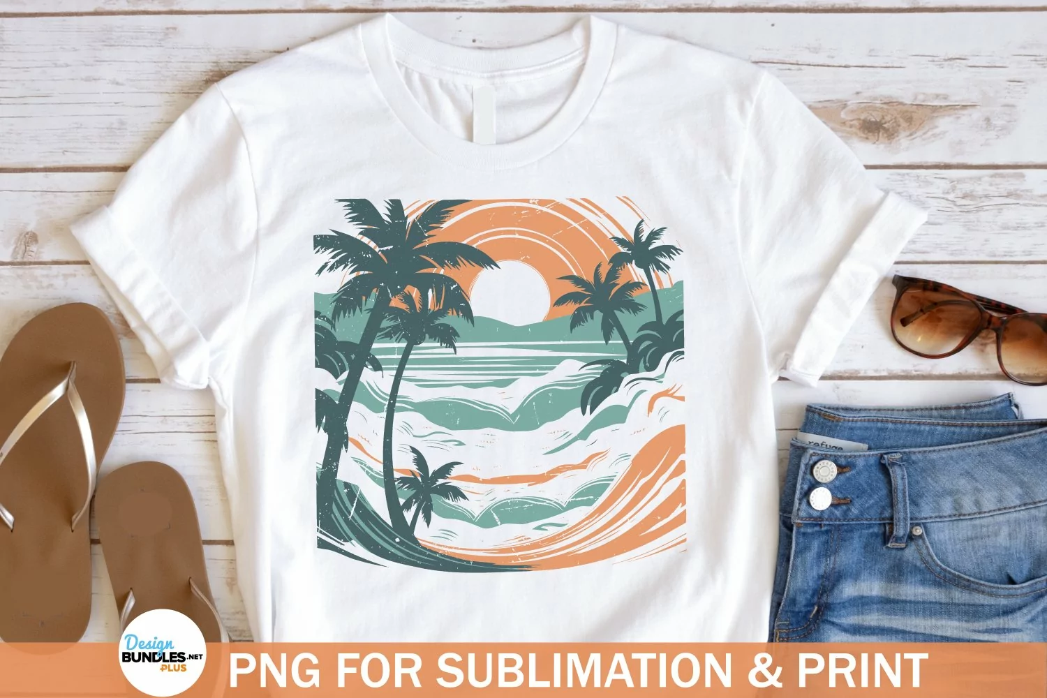 Retro Beach Sunset PNG, Distressed Ocean Waves Sublimation product image 1