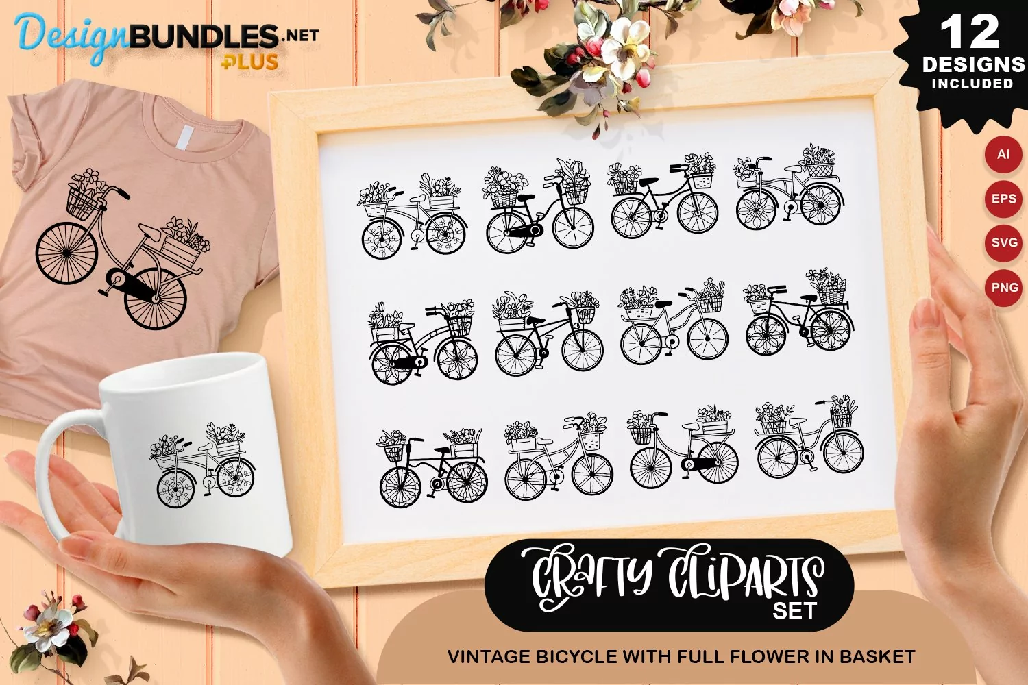 Vintage Bicycle With Full Flower In Basket Clipart Set product image 1