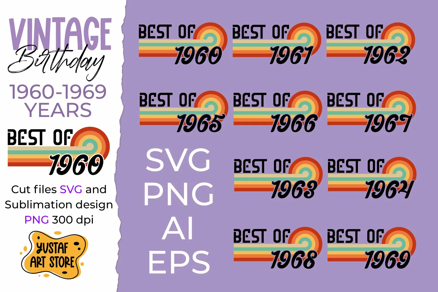 Vintage Birthday cut files and sublimation. 1960-1969 years product image 1