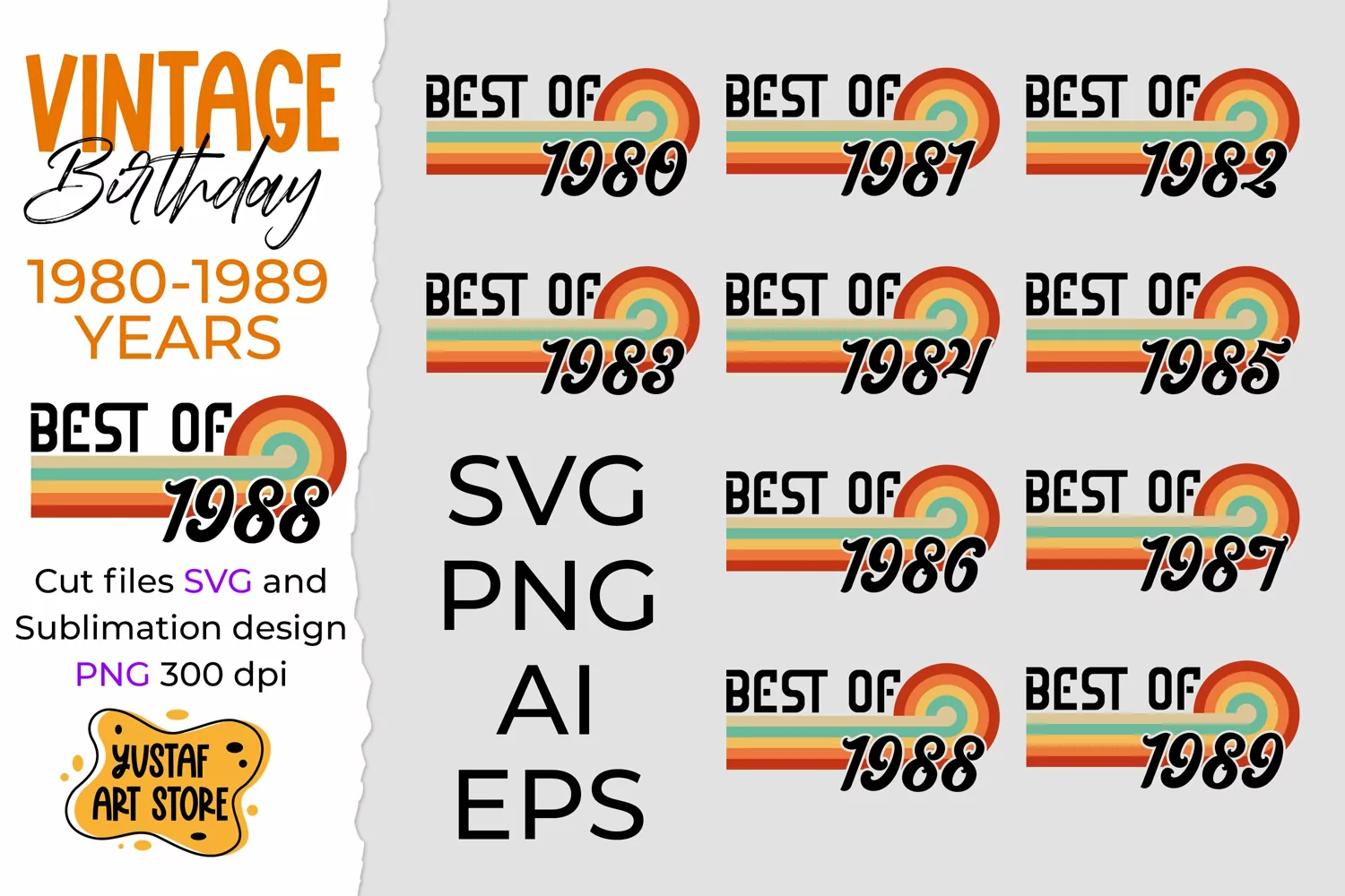 Vintage Birthday cut files and sublimation. 1980-1989 years product image 1