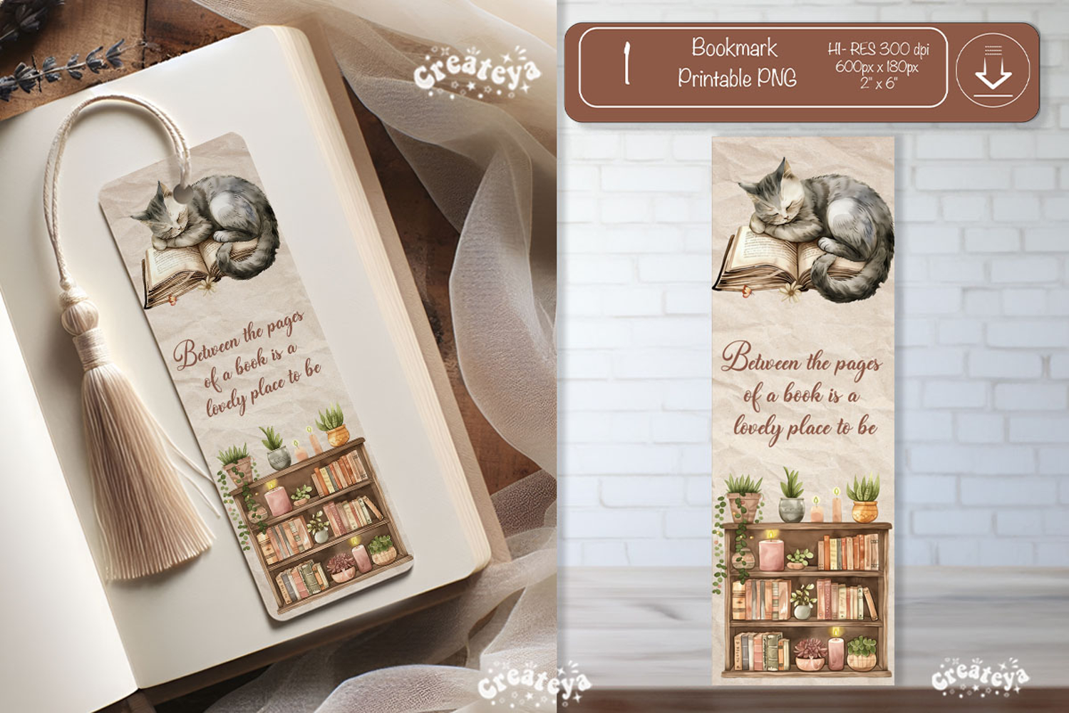 Open Book Vintage Bookmark Cat Book Lover Printable Quote product image 1