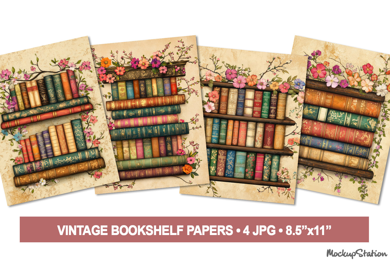 Old Library Bookshelf Paper Junk Journal Pages, Vintage product image 1